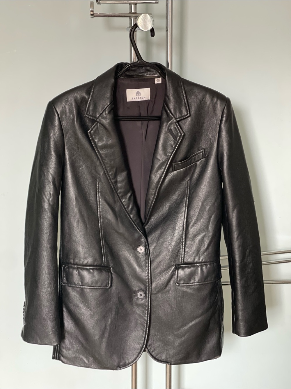 Babaton Black Leather Single-Breasted Blazer